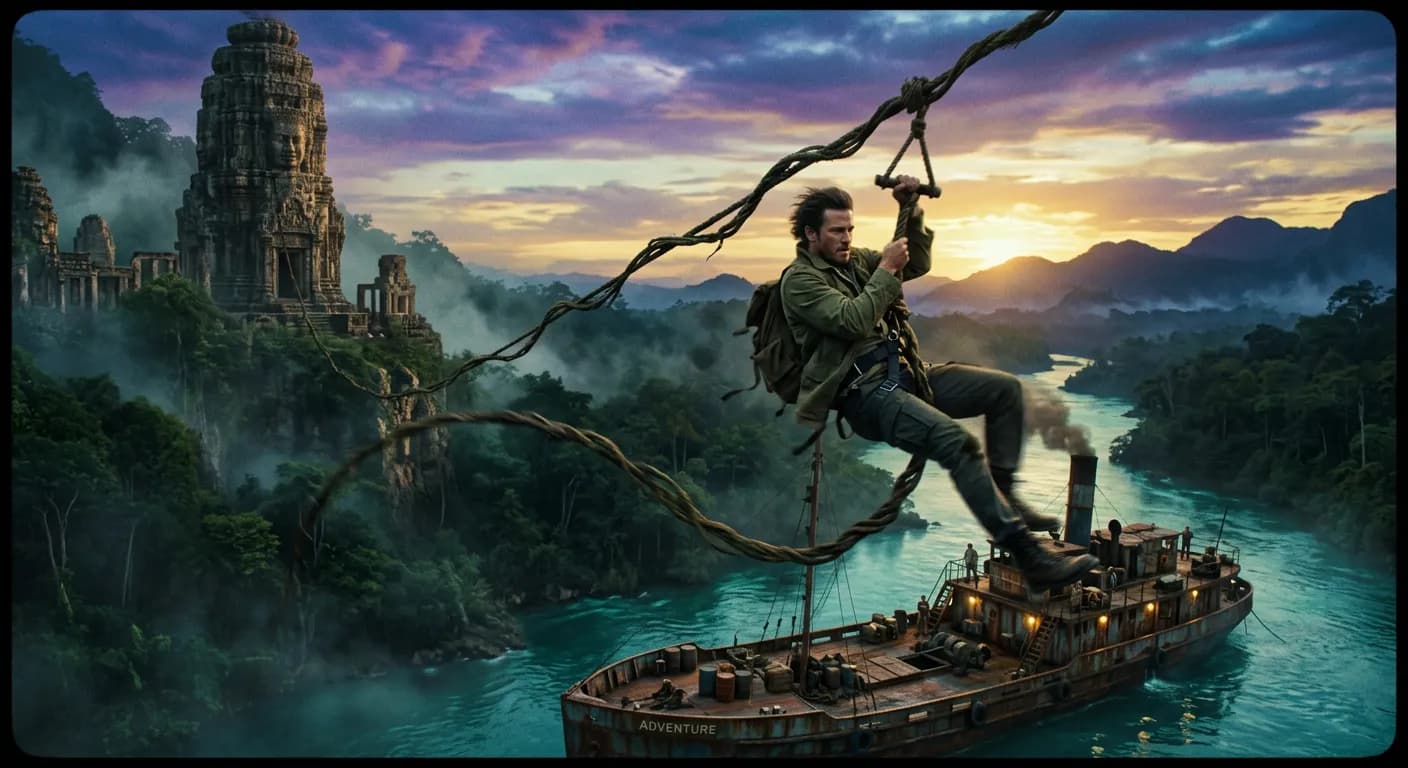 A character riding zipline vines down to a deck — the canon-safe alternative to flying
