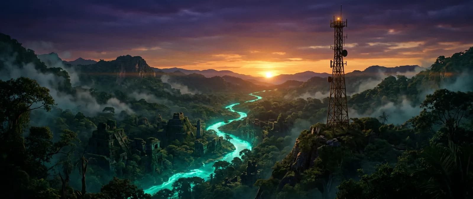 An establishing shot of Rivermouth, the river world used as the example canon
